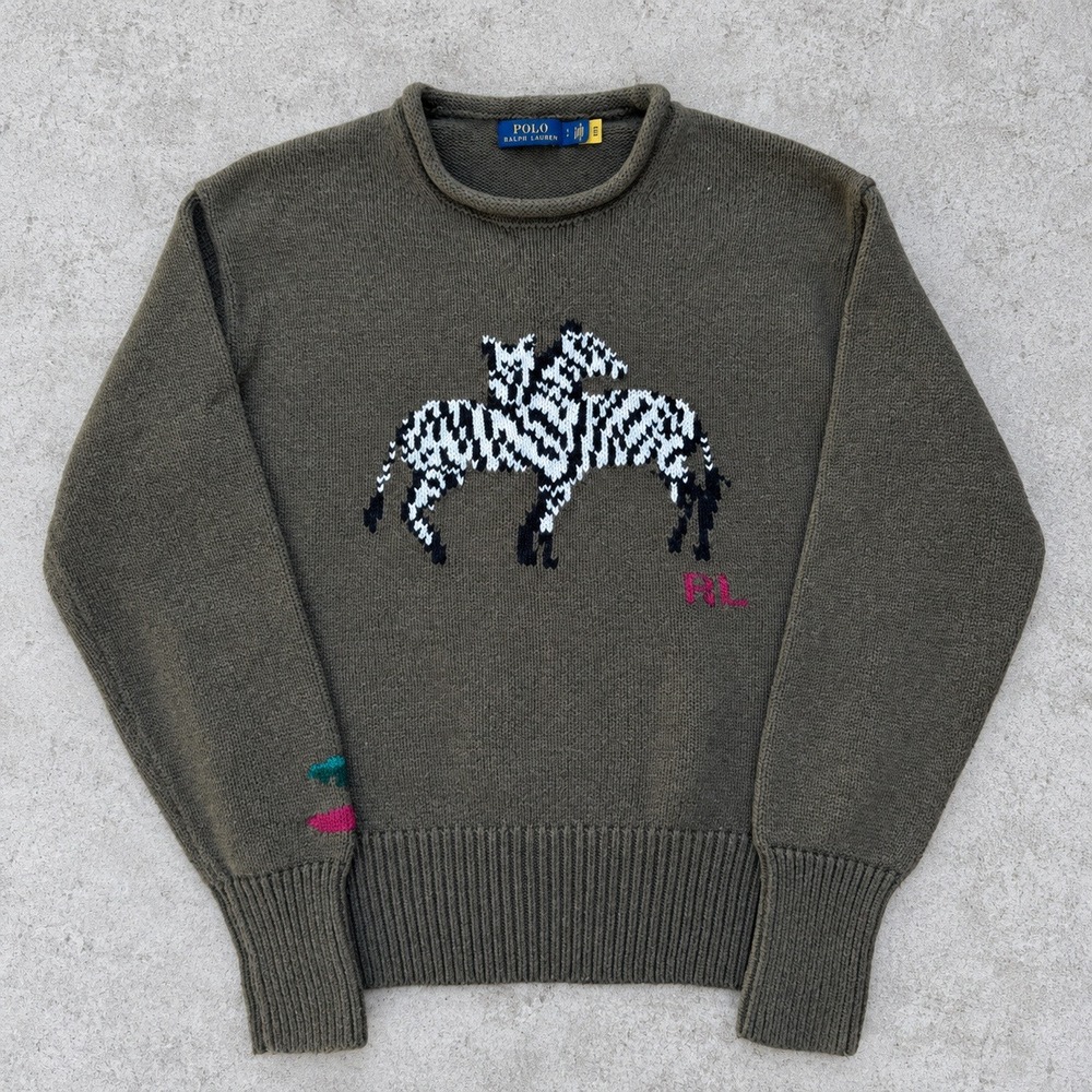 Polo Ralph Lauren Zebra Intarsia Knit Sweater Olive Green Mens Small RL Logo